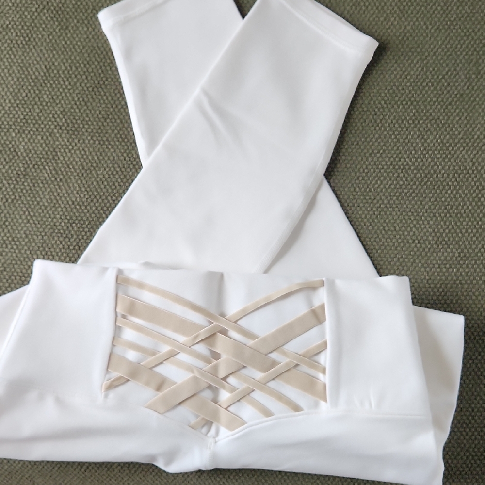 Cream Fabletics Leggings with Tan Accents